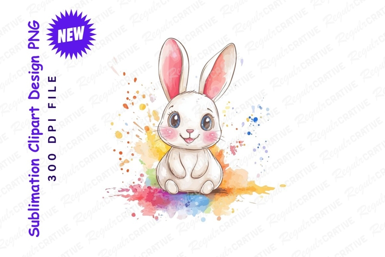 Adorable Cartoon Rabbit With Watercolor Splatters Clipart