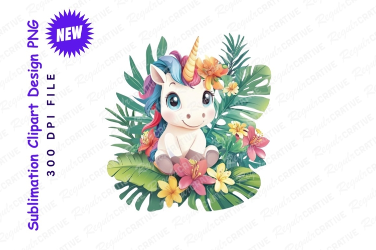 Cute unicorn with tropical flowers and leaves clipart png