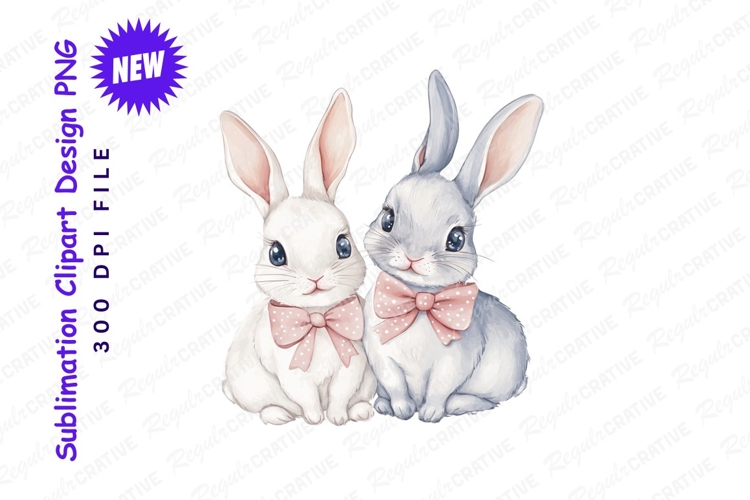 Two watercolor rabbits with pink bowties clipart png