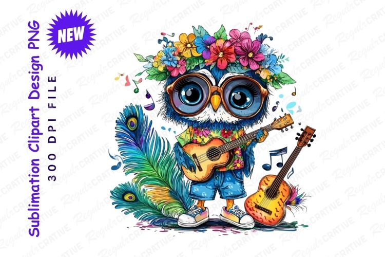 Cute Owl Playing Guitar With Flowers Clipart Png example image 1
