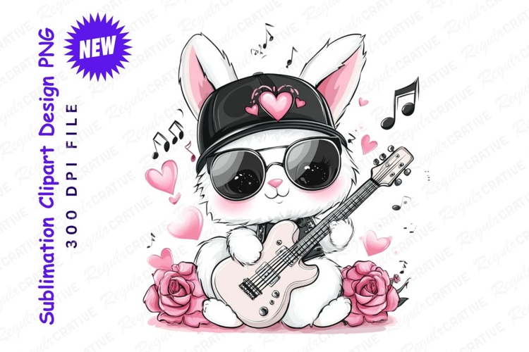 Cute Rocker Rabbit Playing Guitar Clipart Png example image 1