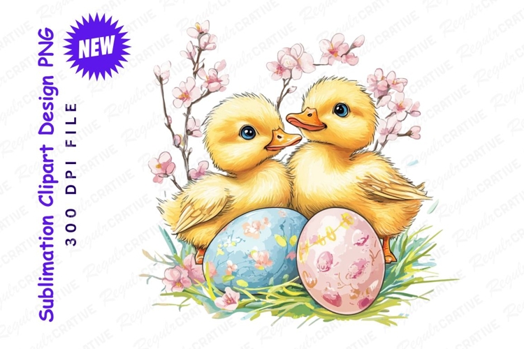 Two Ducklings With Easter Eggs And Flowers Clipart Png