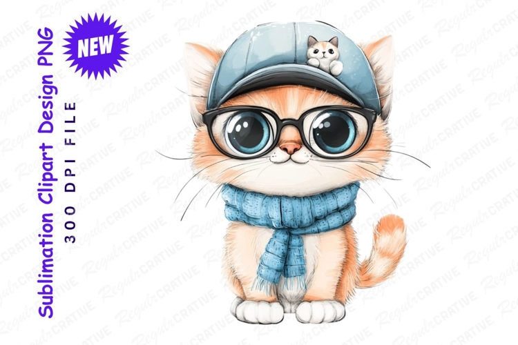 Cute Cartoon Cat With Glasses And Scarf Clipart Png