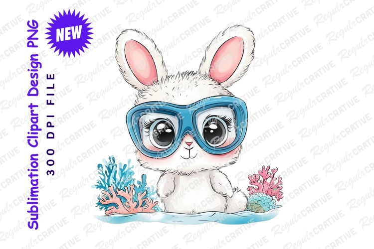 Cute bunny with snorkel mask clipart png example image 1