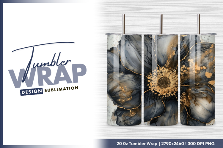 Gray and gold ink flower tumbler png