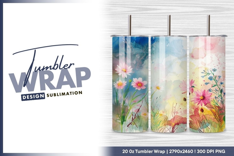 Floral watercolor painting pink and blue flowers tumbler png
