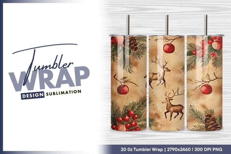 Vintage christmas pattern with deer and berries tumbler png