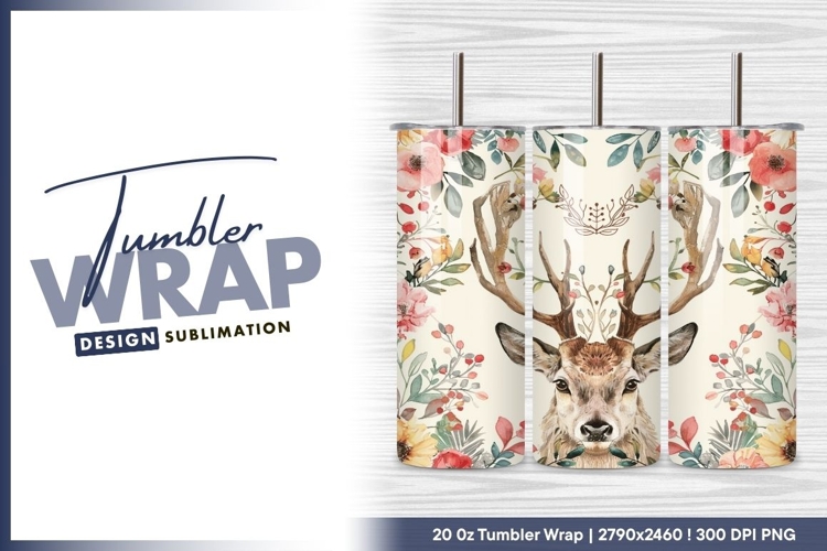 Watercolor deer with floral frame illustration tumbler png