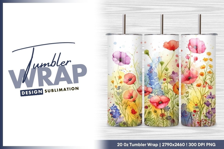 Watercolor field of poppies and wildflowers tumbler png