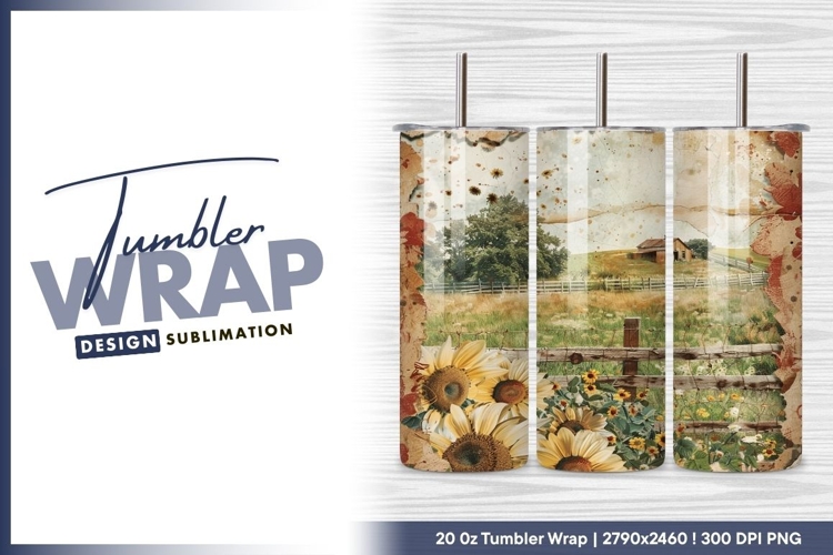 Rustic barn sunflower field vintage background tumbler png