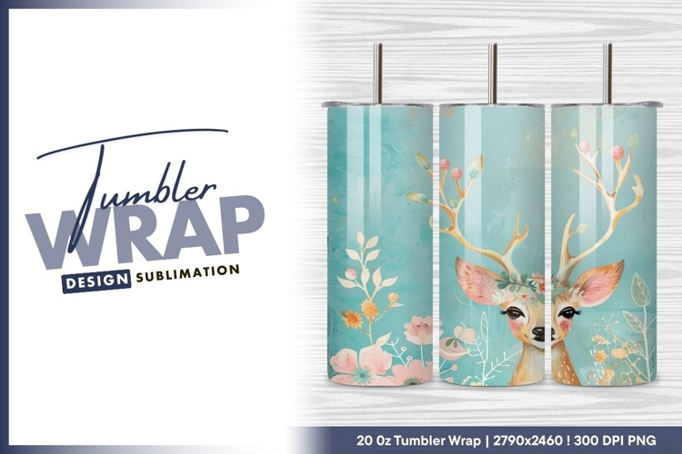 Deer with floral crown and berries art tumbler png