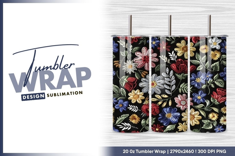 Embroidery style floral pattern on black background tumbler
