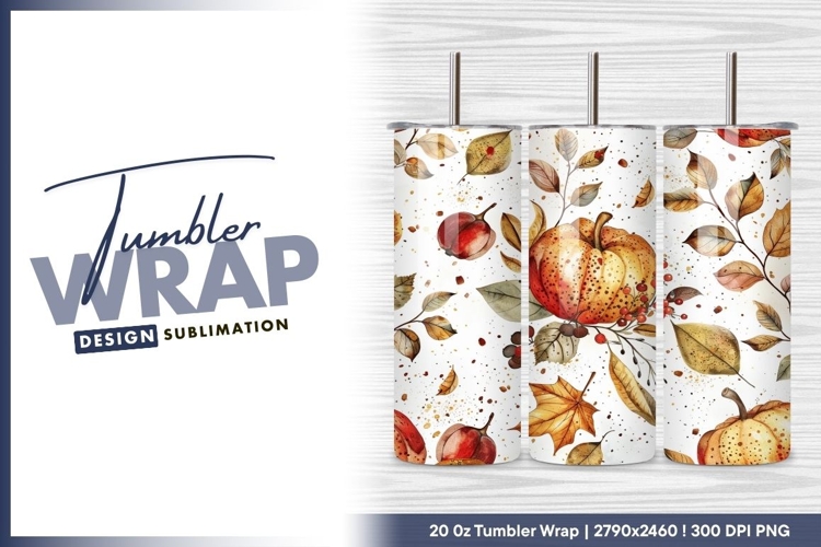 Watercolor pumpkin autumn leaves seamless tumbler png