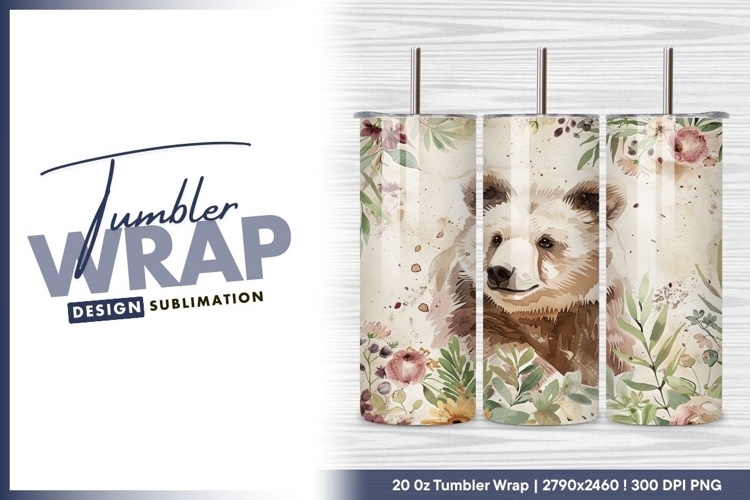 Watercolor bear portrait with floral frame tumbler png