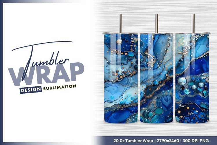 Abstract fluid art blue and gold texture tumbler png