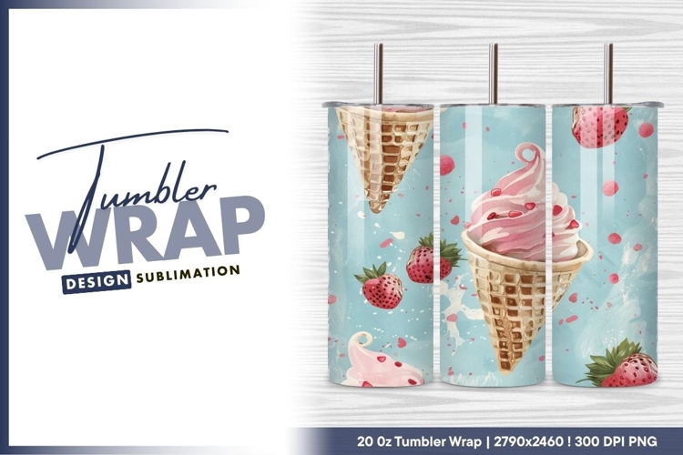 Watercolor Ice Cream Cones and Strawberries tumbler png