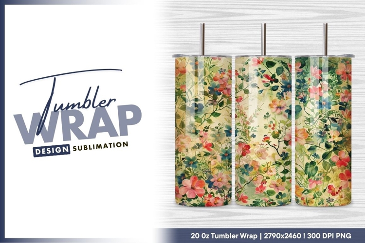 Watercolor Floral Pattern with Pink Blue and tumbler png