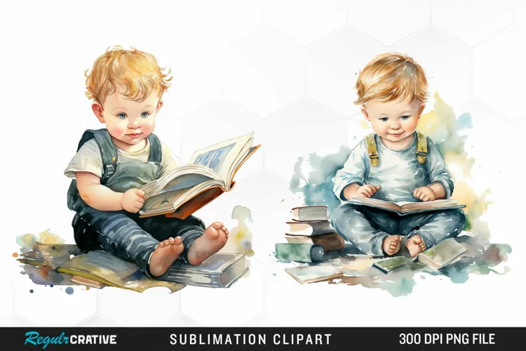 Watercolor Studying Baby PNG Clipart