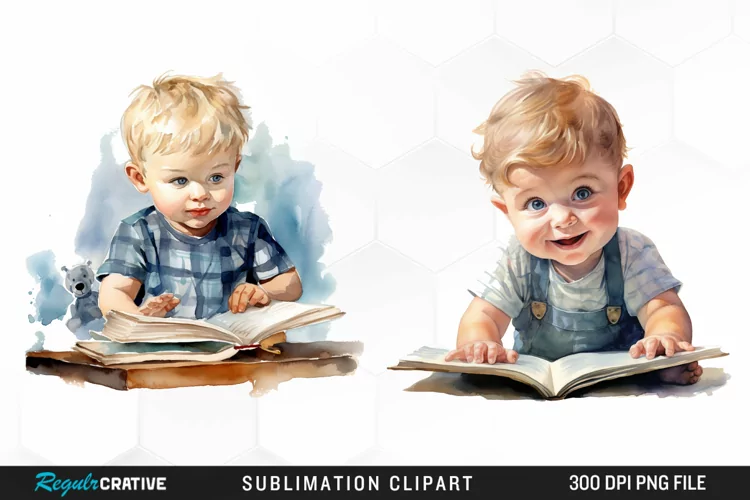 Watercolor Studying Baby PNG Clipart