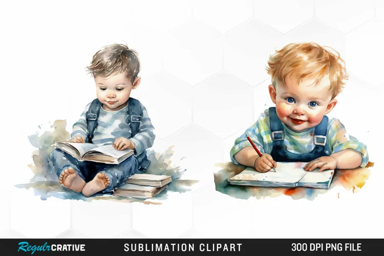 Watercolor Studying Baby PNG Clipart