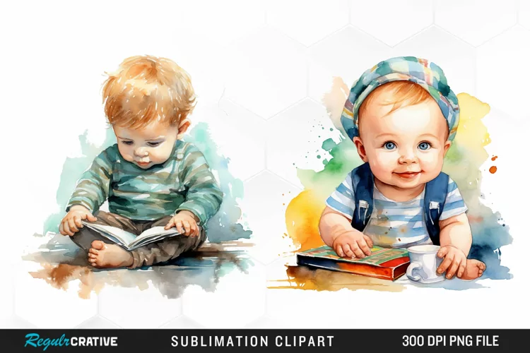 Watercolor Studying Baby PNG Clipart
