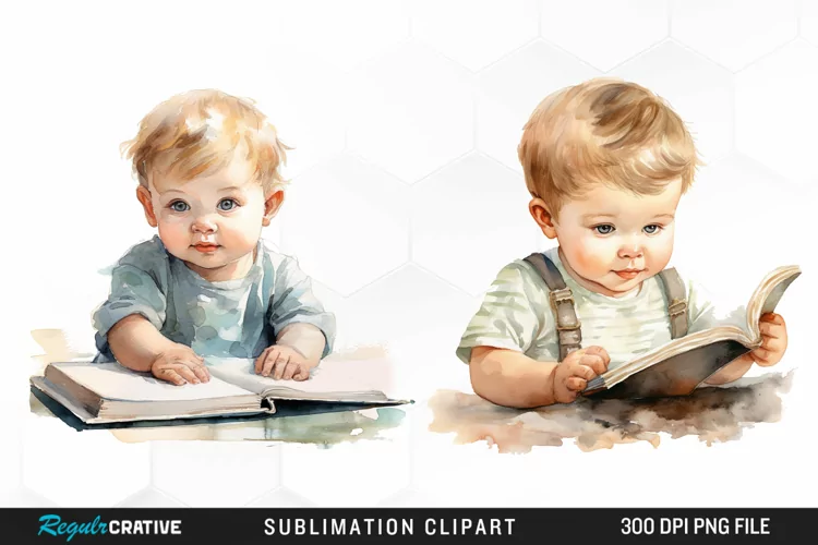 Watercolor Studying Baby PNG Clipart