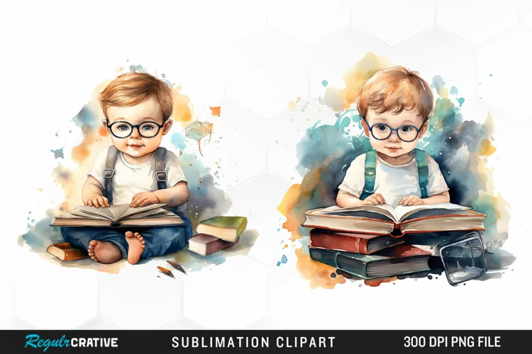 Watercolor Studying Baby PNG Clipart