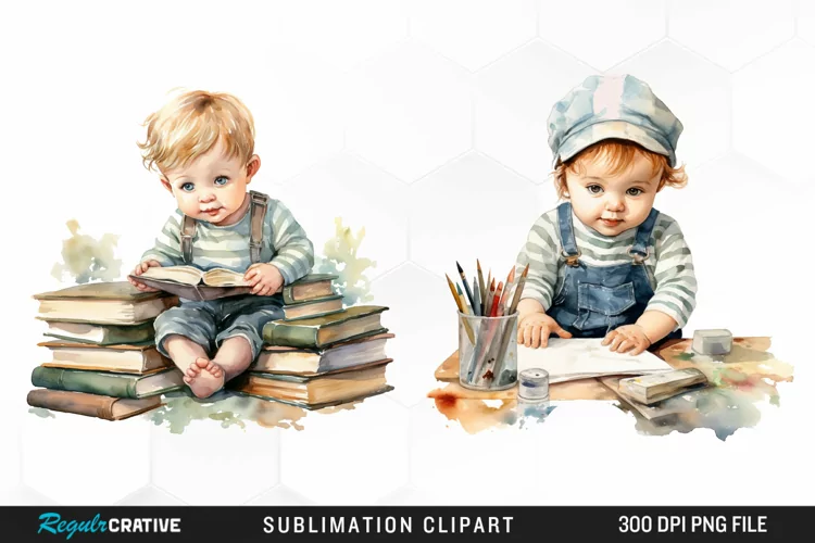 Watercolor Studying Baby PNG Clipart