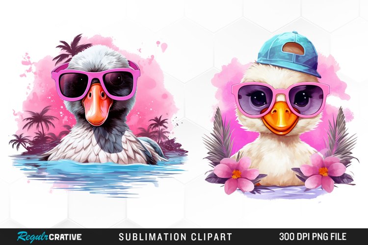 Watercolor Pink Duck Beach PNG Clipart example image 1