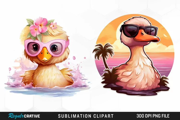 Watercolor Pink Duck Beach PNG