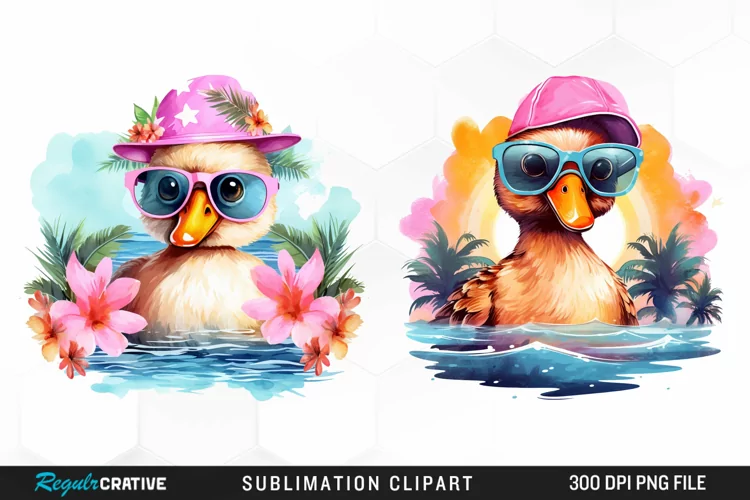 Watercolor Pink Duck Beach Sublimation Graphics