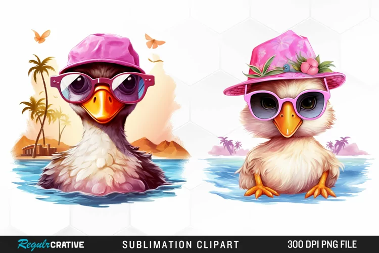 Watercolor Pink Duck Beach Clipart