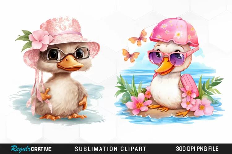 Watercolor Pink Duck Beach Clipart Image