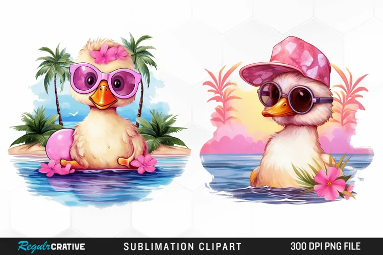 Watercolor Pink Duck Beach Sublimation Clipart