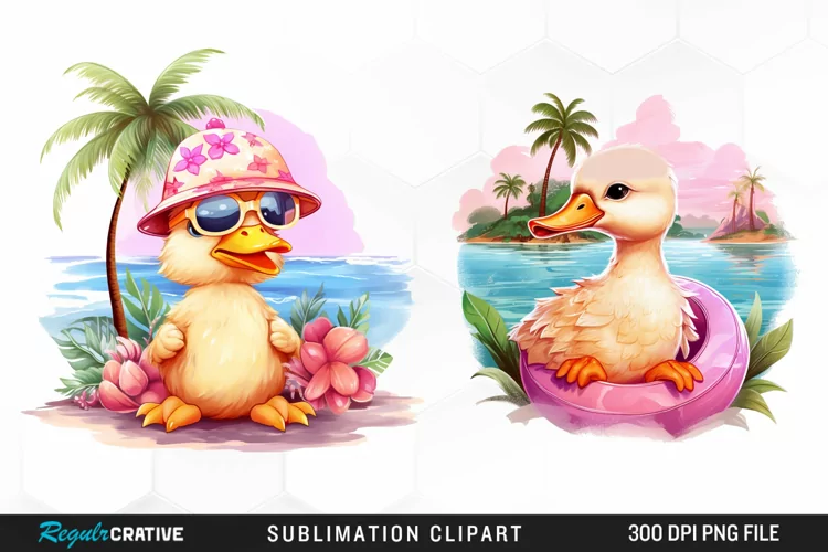 Watercolor Pink Duck Beach Clipart Design