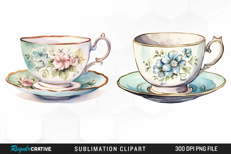 Watercolor Vintage Teacup Design Clipart