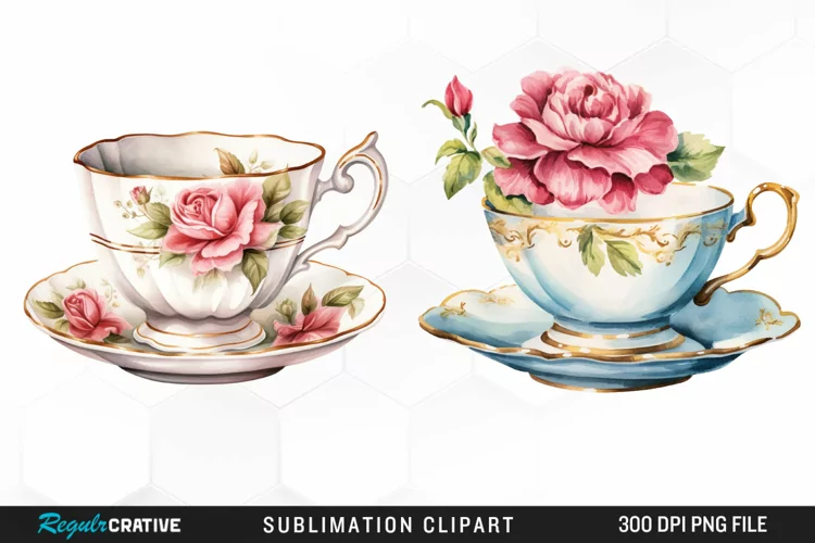 Watercolor Vintage Teacup Sublimation Art Clipart