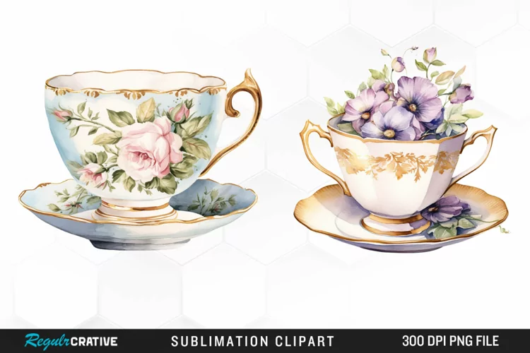 Watercolor Vintage Teacup Fun Clipart