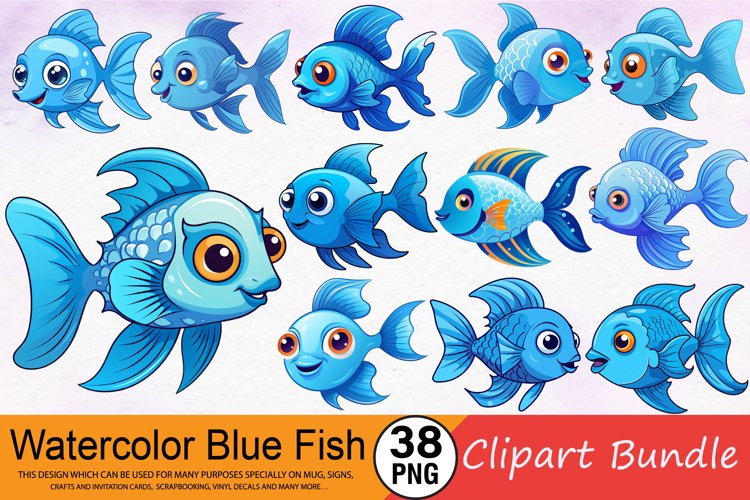 Watercolor Blue Fish Clipart Bundle