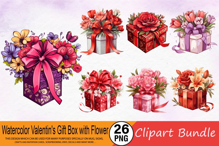 Watercolor Valentins Gift Box with Flower Clipart Bundle
