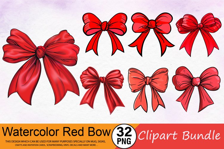 Watercolor Red Bow Clipart Bundle