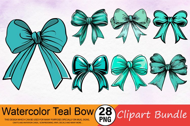Watercolor Teal Bow Clipart Bundle example image 1