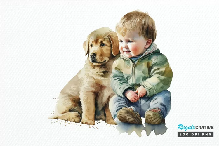 Watercolor Cute Baby Boy and Dog PNG Clipart