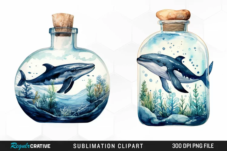 Whale in Bottle Watercolor Sublimation PNG Clipart