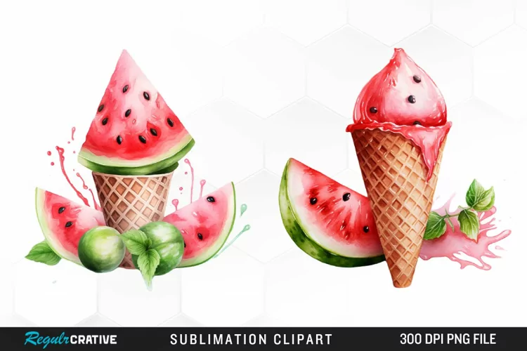 Watermelon Ice Cream Watercolor PNG Clipart