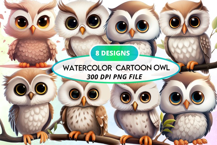 Watercolor Cartoon Owl Clipart Bundle
