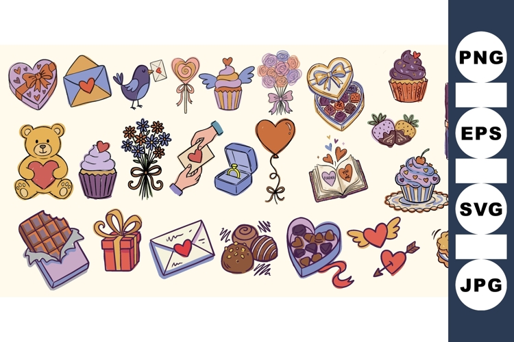 Hand Drawn Valentine Love Clipart Bundle for Cards