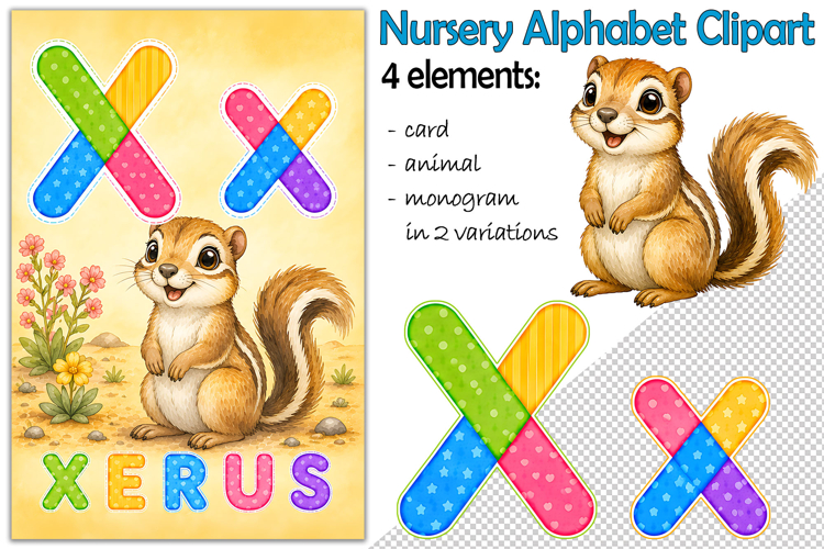 Nursery Alphabet Clipart, Flashcard Letter X, Monogram PNG