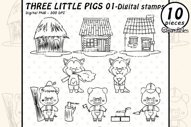THREE LITTLE PIGS digital stamps, Children's story, Outline