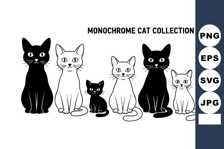 Monochrome cat collection black and white sitting feline ill